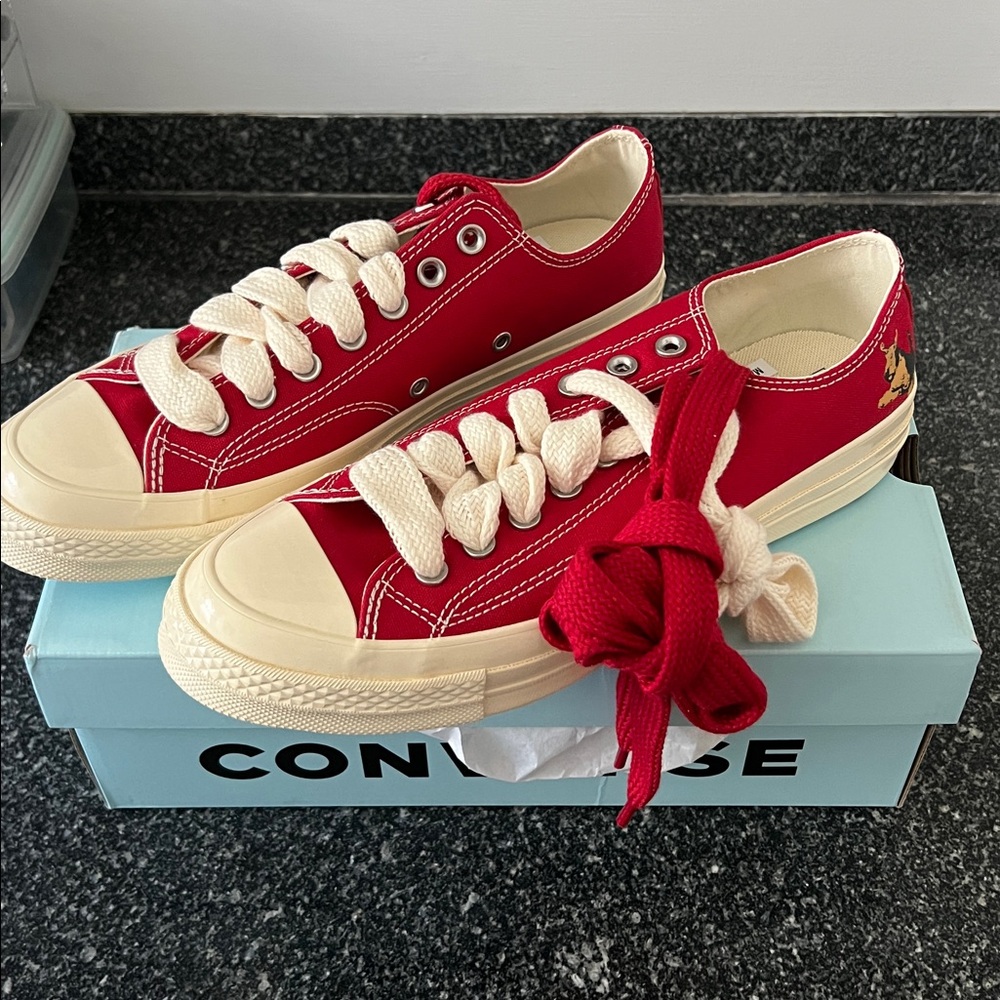 BRAND NEW Gold le Fleur x Converse Red Sneakers with dog detail